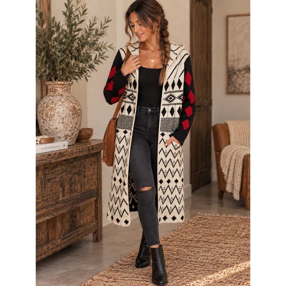 Paper Crane Womens Tribal Geometric Hooded Longline Cardigan Duster Black Red L